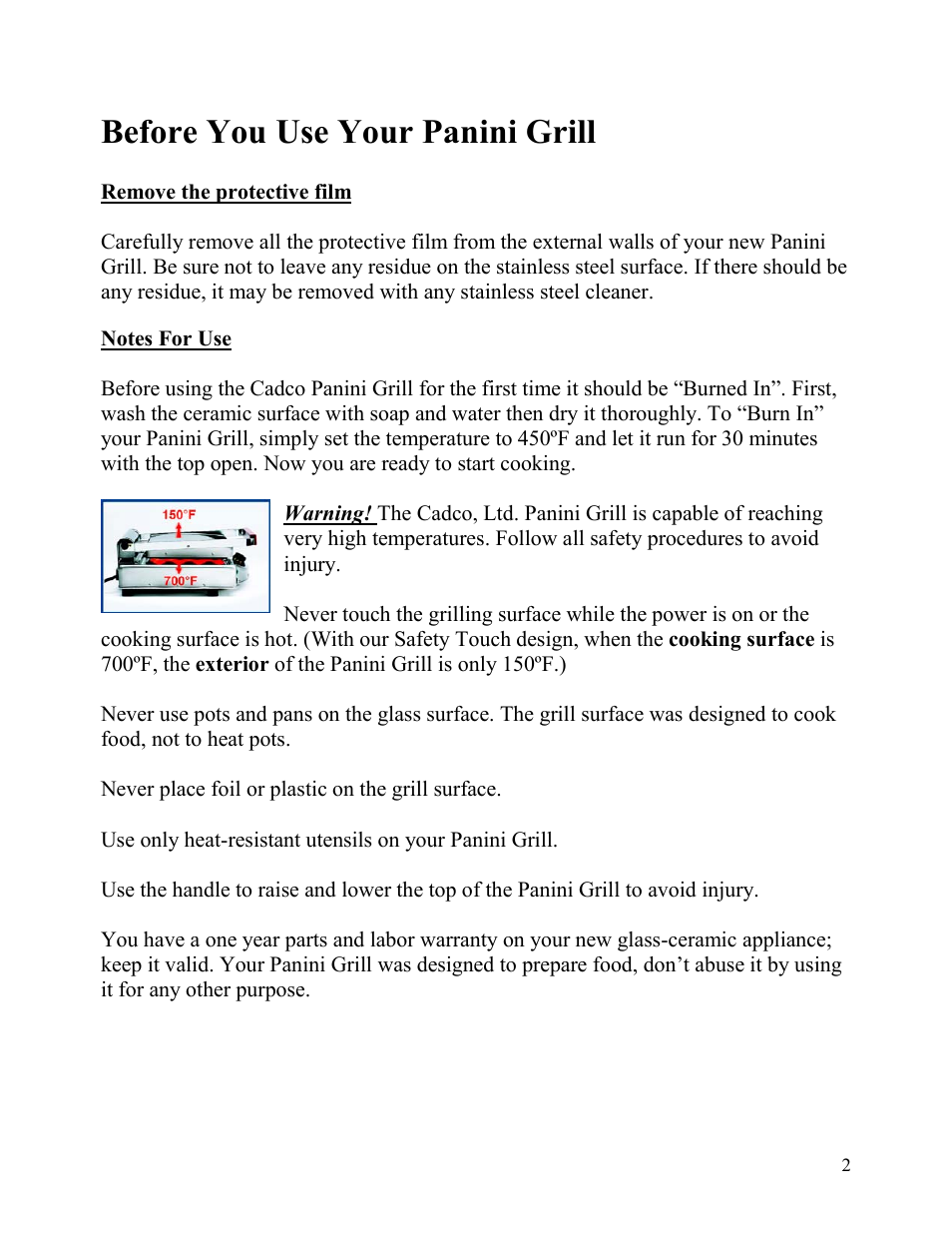 Before you use your panini grill | Cadco CPG-10 User Manual | Page 2 / 4