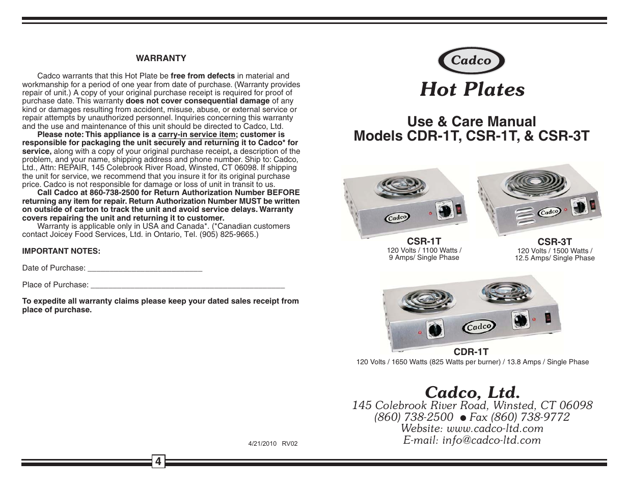 Cadco CSR - 1T User Manual | 2 pages