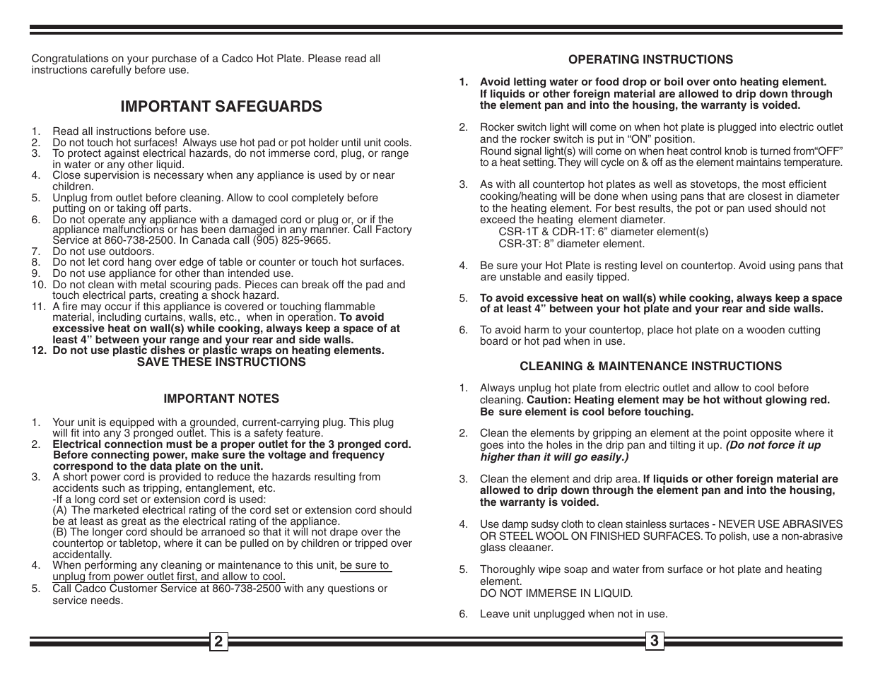 Important safeguards | Cadco CSR - 1T User Manual | Page 2 / 2