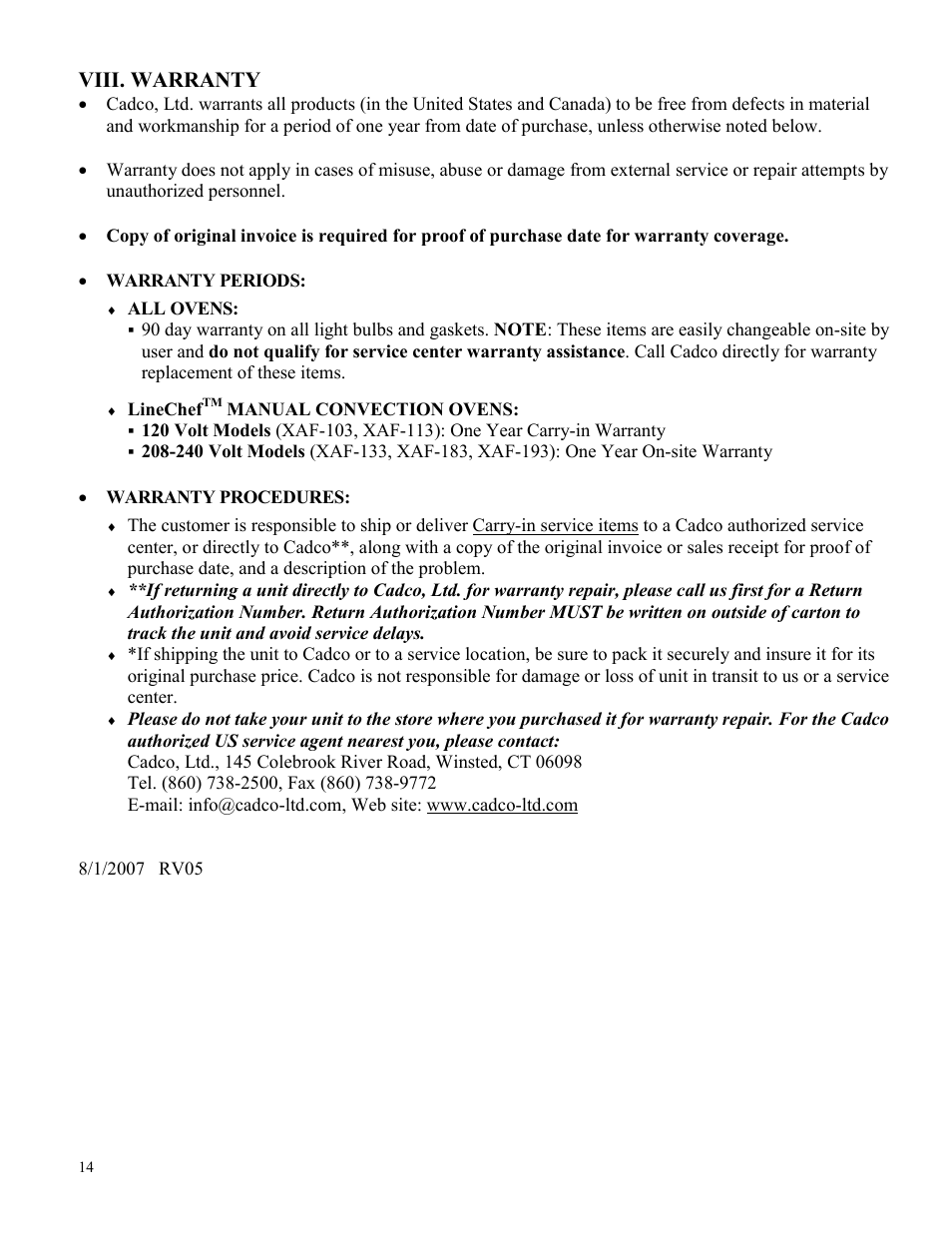 Viii. warranty | Cadco XAF-133 User Manual | Page 14 / 14