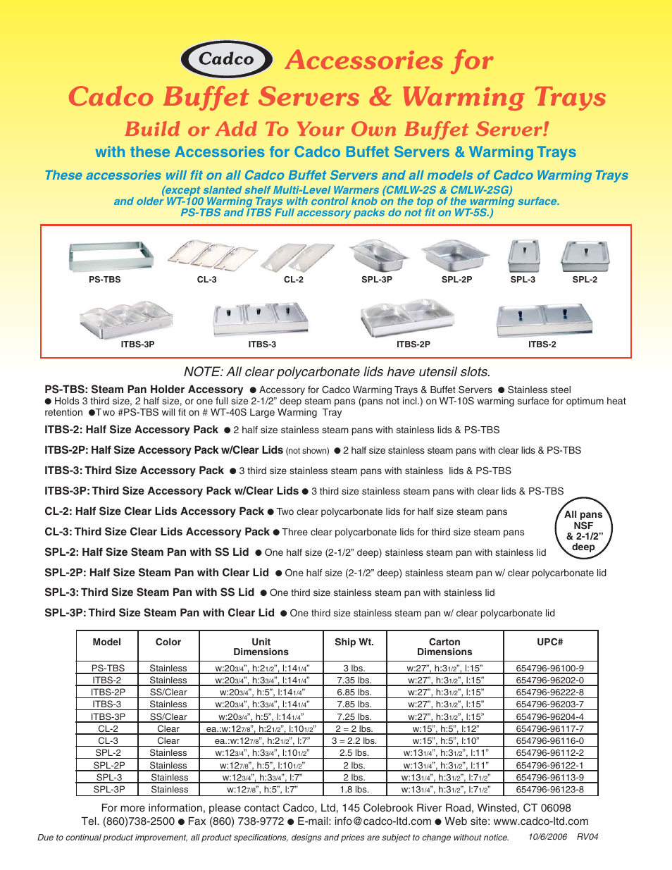 Cadco buffet servers & warming trays, Accessories for, Build or add to your own buffet server | Cadco CMLW-2 User Manual | Page 2 / 2