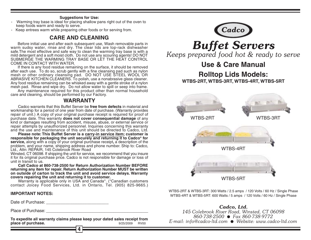 Cadco WTBS-2RT User Manual | 2 pages