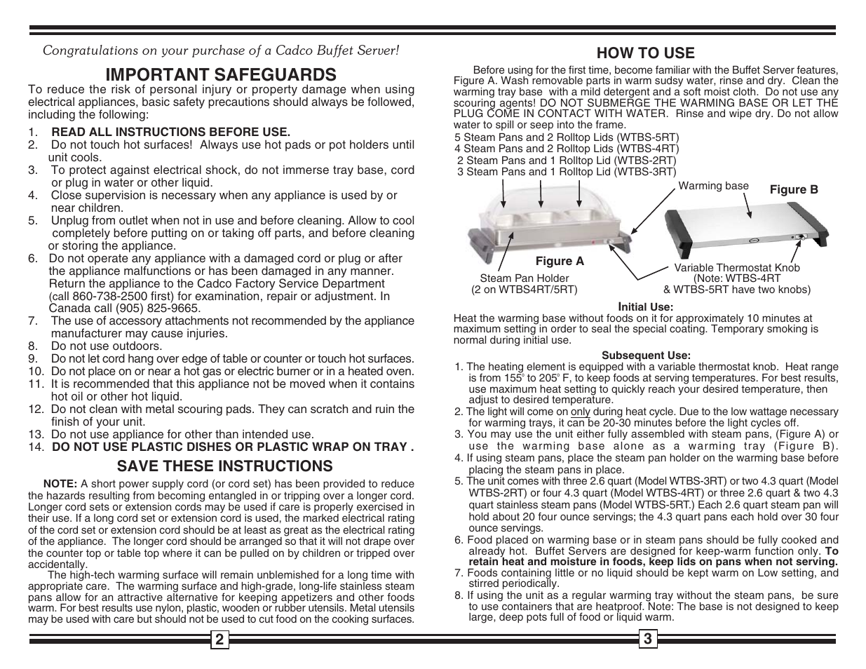 Important safeguards, How to use, Save these instructions | Cadco WTBS-2RT User Manual | Page 2 / 2
