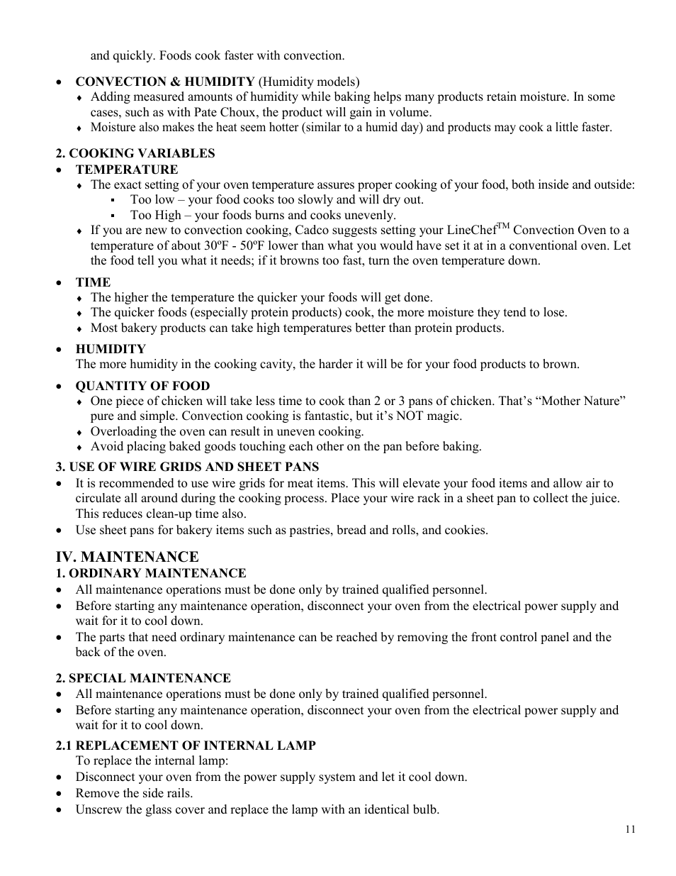 Iv. maintenance | Cadco LINE CHEF XAF-115 User Manual | Page 11 / 20