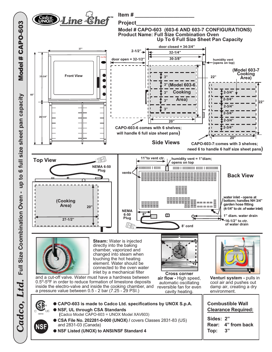 Cadco, ltd, Model # capo-603, Item # ____________________ project | Top view, Back view, Side views | Cadco CAPO-603-6 User Manual | Page 2 / 2