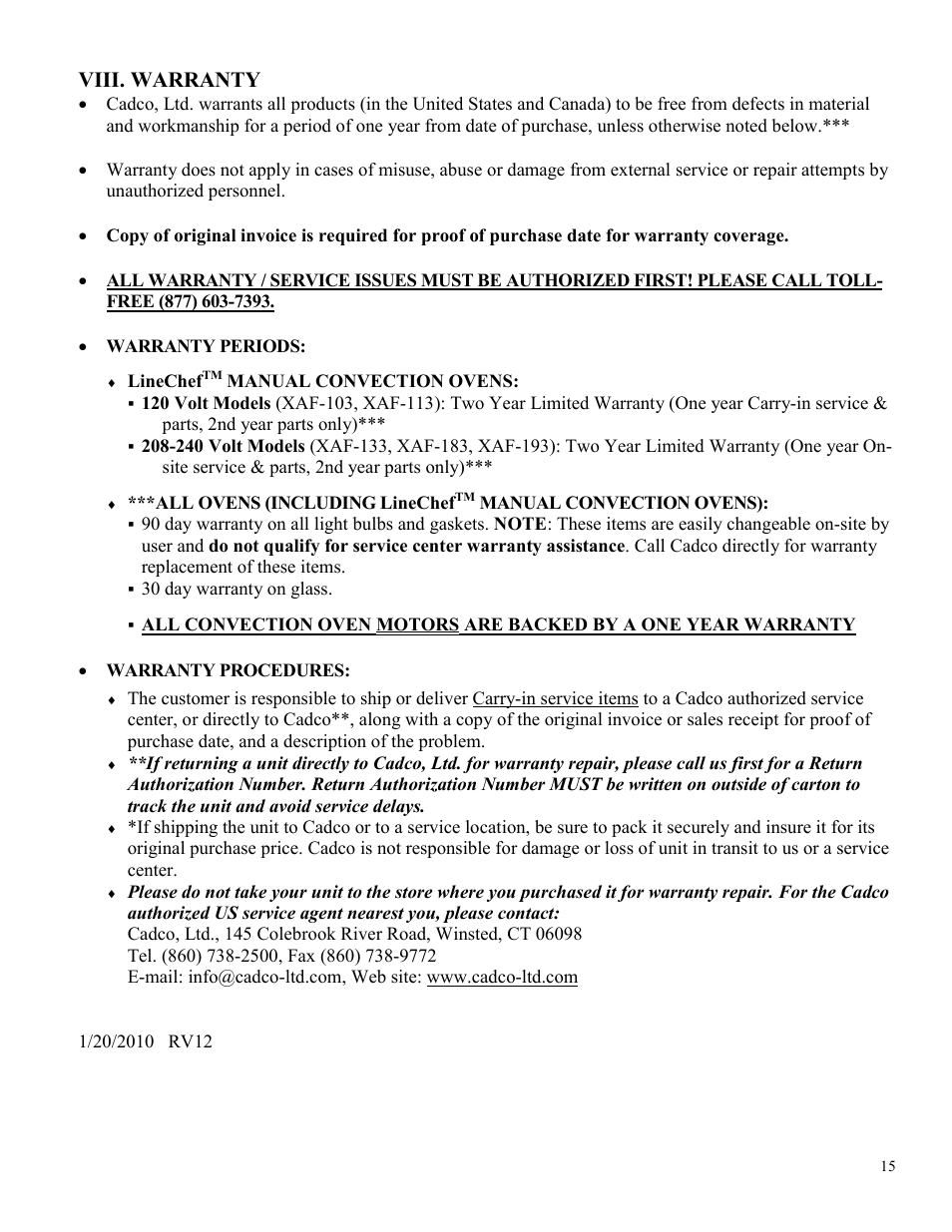 Viii. warranty | Cadco LINE CHEF XAF-183 User Manual | Page 15 / 15