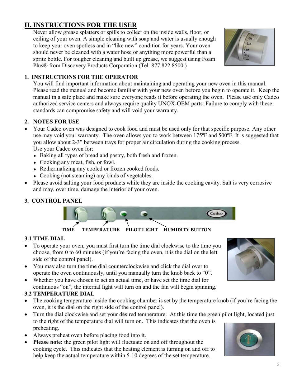 Ii. instructions for the user | Cadco LINE CHEF XAF-183 User Manual | Page 5 / 15