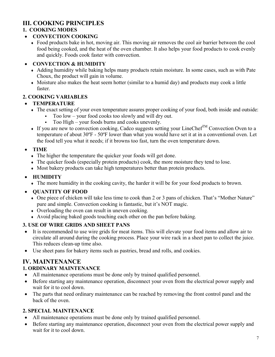 Iii. cooking principles, Iv. maintenance | Cadco LINE CHEF XAF-183 User Manual | Page 7 / 15