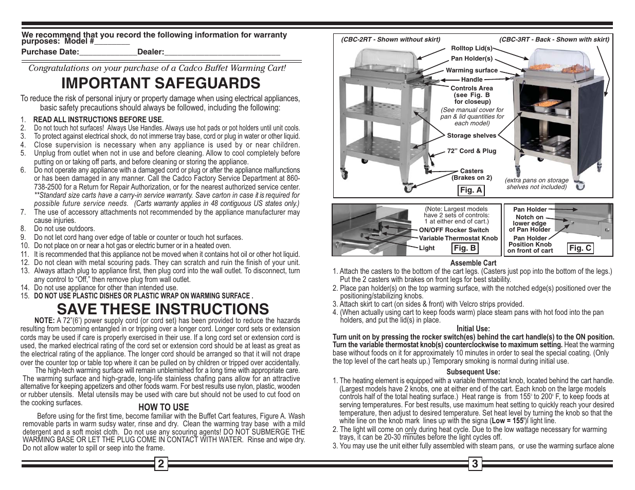 Save these instructions, Important safeguards | Cadco CBC-3RT User Manual | Page 2 / 2