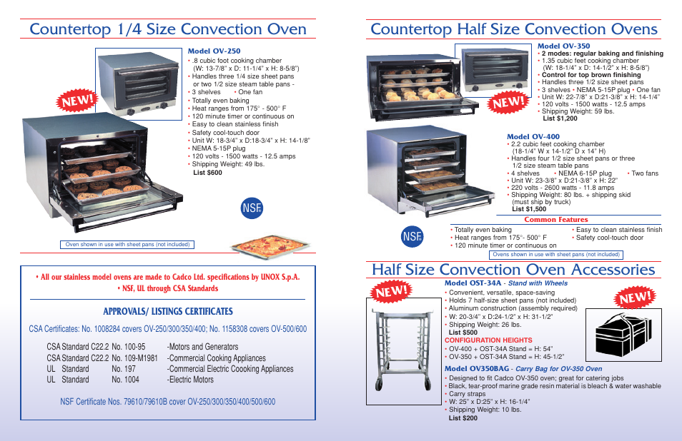 Countertop 1/4 size convection oven, Approvals/ listings certificates | Cadco OV-600 User Manual | Page 2 / 2