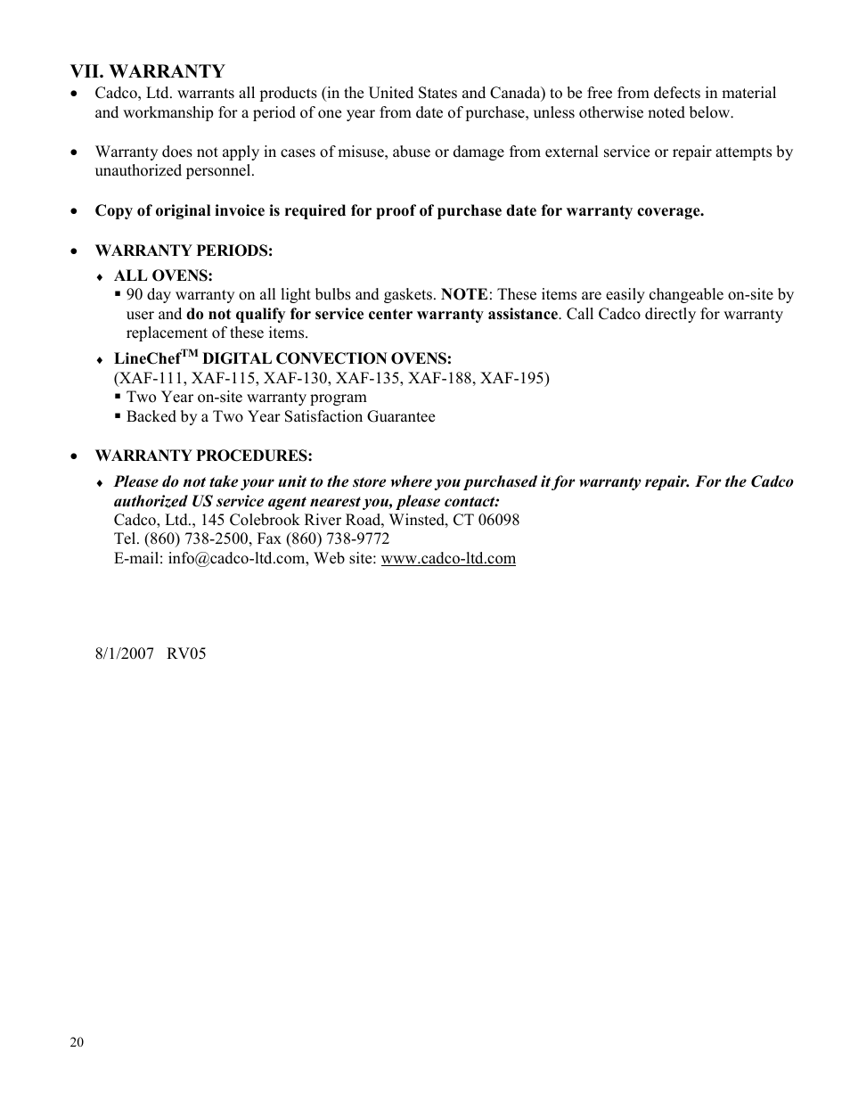Vii. warranty | Cadco XAF-130 XAF-115 User Manual | Page 20 / 20