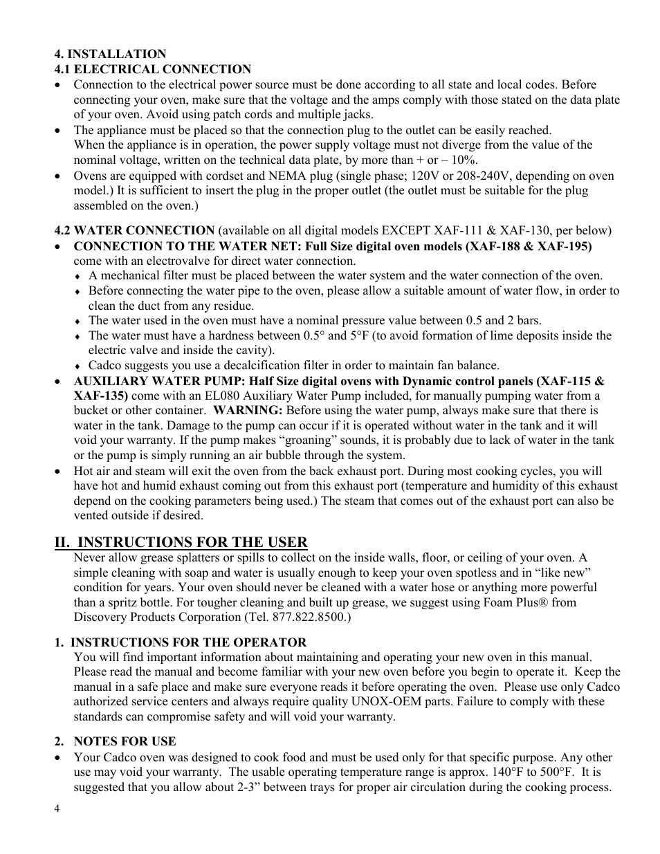 Ii. instructions for the user | Cadco XAF-130 XAF-115 User Manual | Page 4 / 20