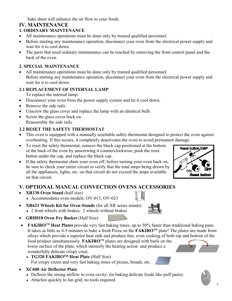 Iv. maintenance, V. optional manual convection ovens accessories | Cadco OV-003 User Manual | Page 7 / 13