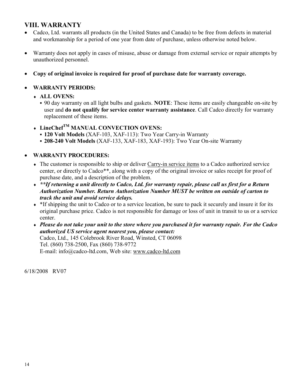 Viii. warranty | Cadco XAF-193 User Manual | Page 14 / 14