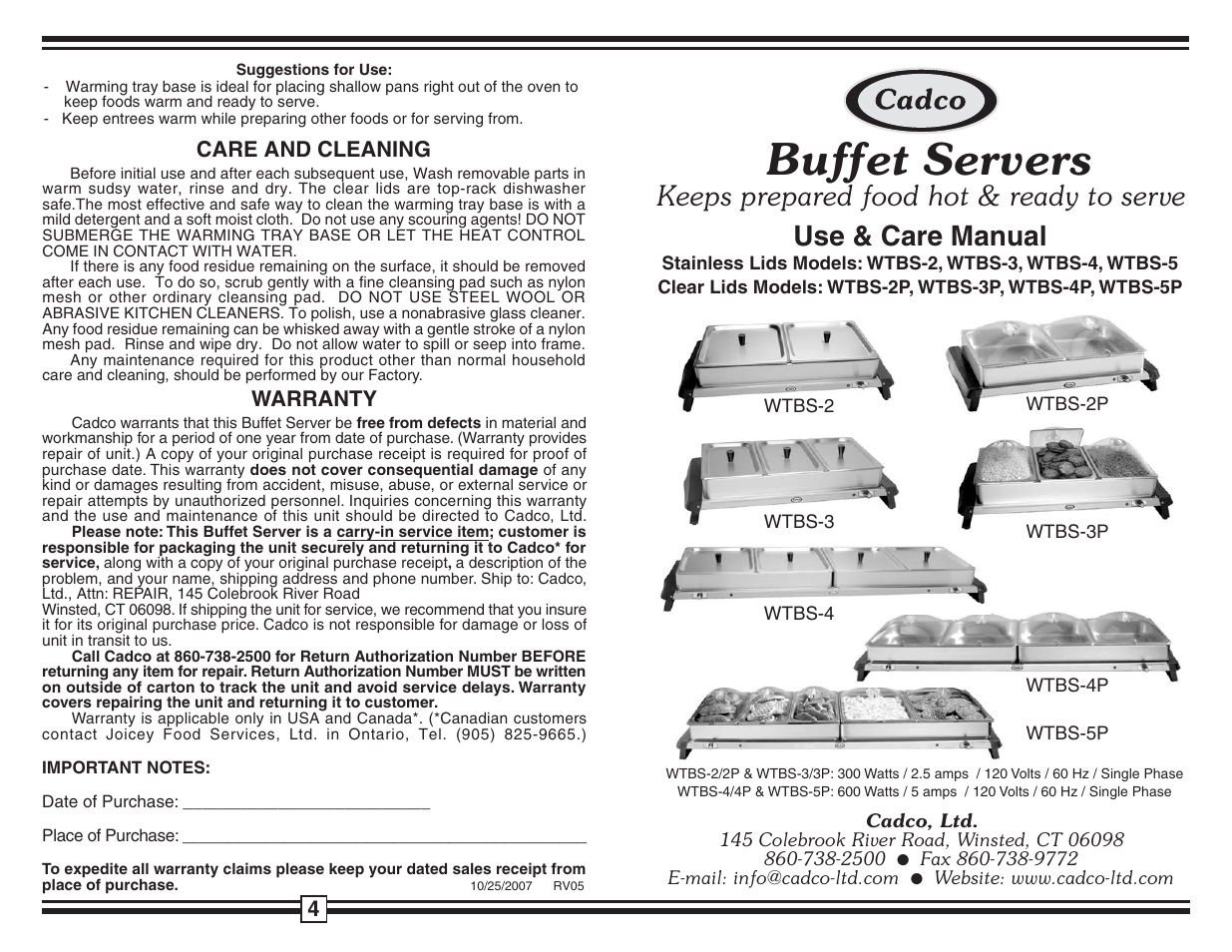 Cadco WTBS-5 User Manual | 2 pages