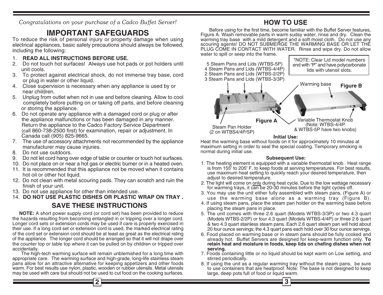 Important safeguards, How to use, Save these instructions | Cadco WTBS-5 User Manual | Page 2 / 2