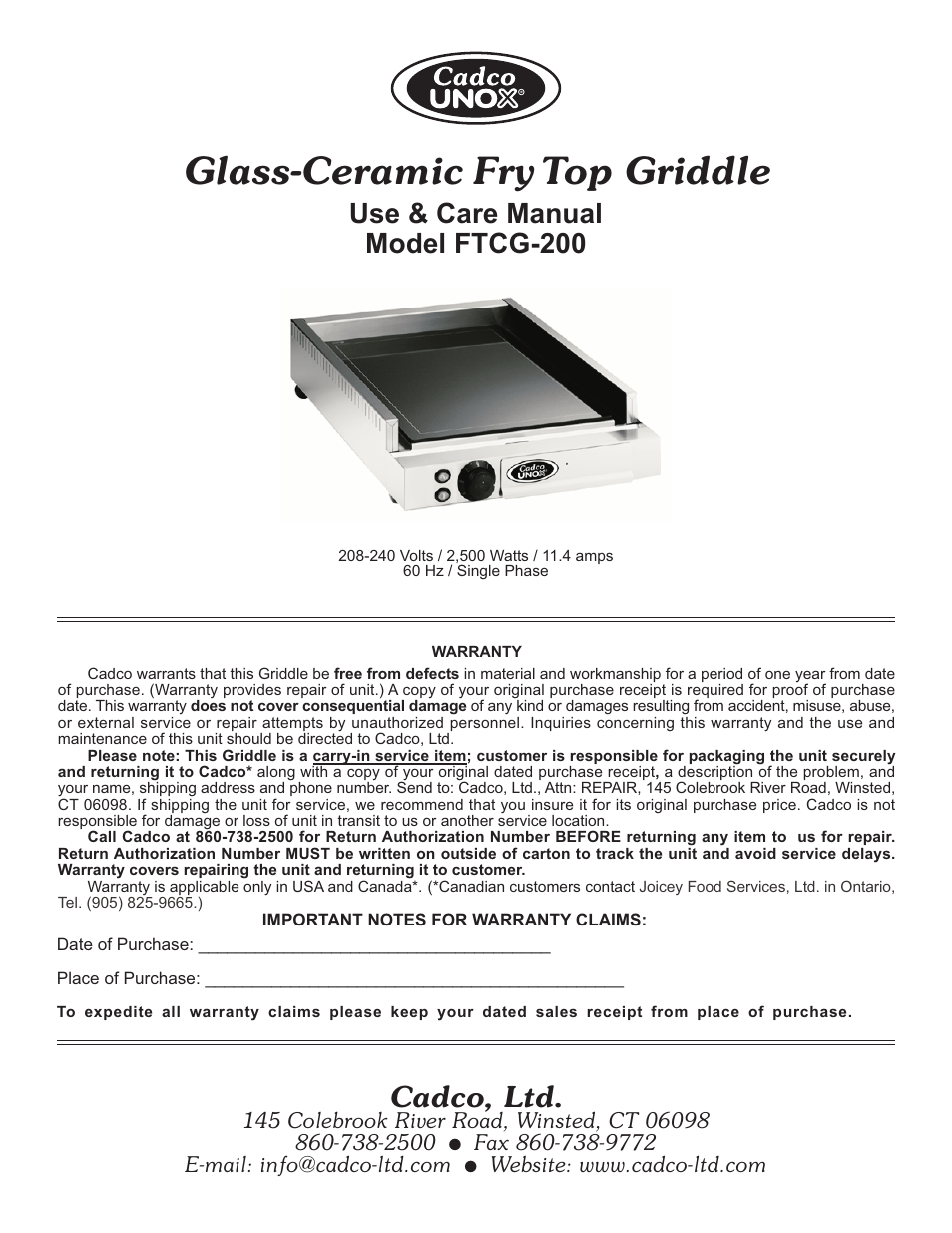 Cadco GLASS-CERAMIC FRY TOP GRIDDLE FTCG-200 User Manual | 3 pages