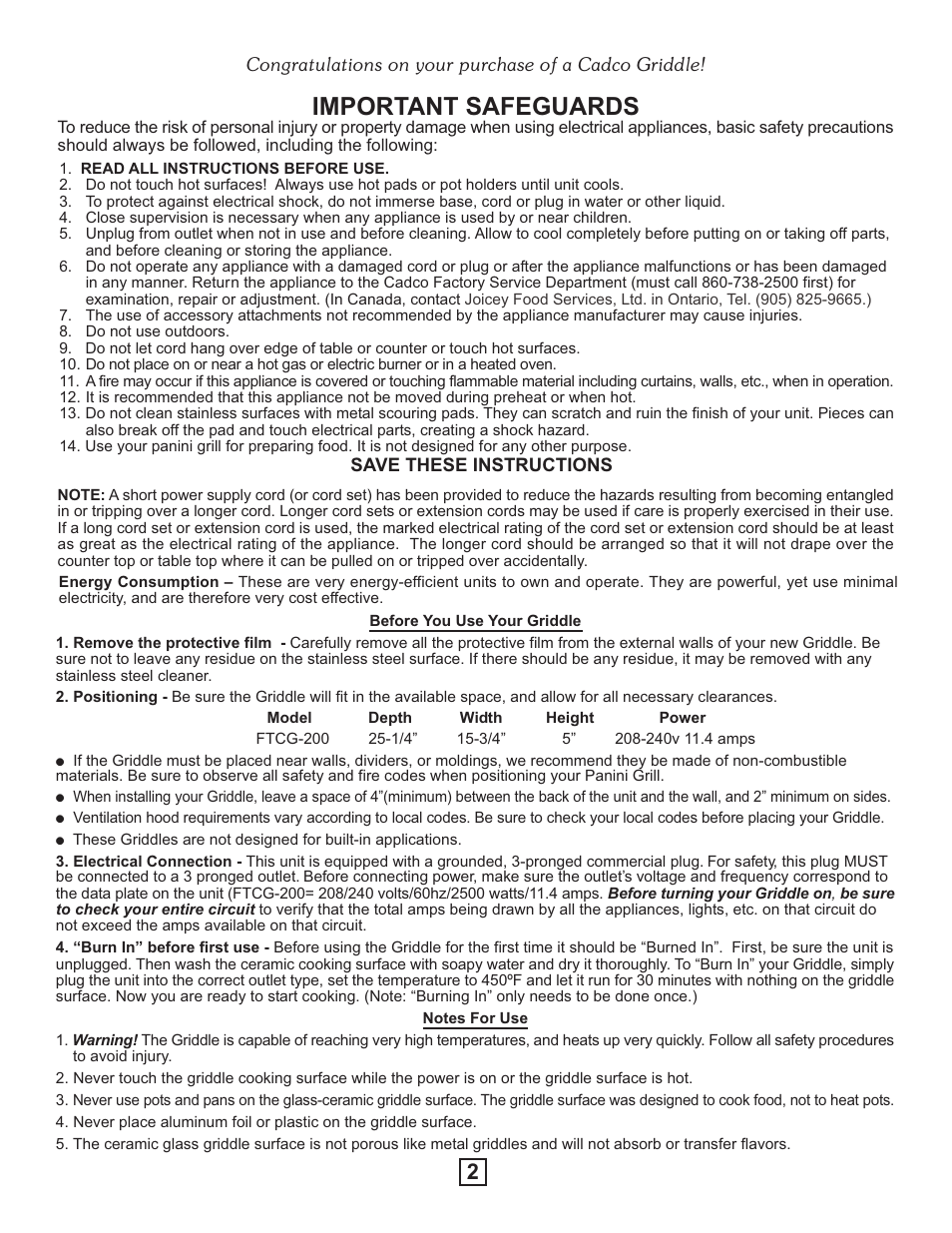 Important safeguards | Cadco GLASS-CERAMIC FRY TOP GRIDDLE FTCG-200 User Manual | Page 2 / 3