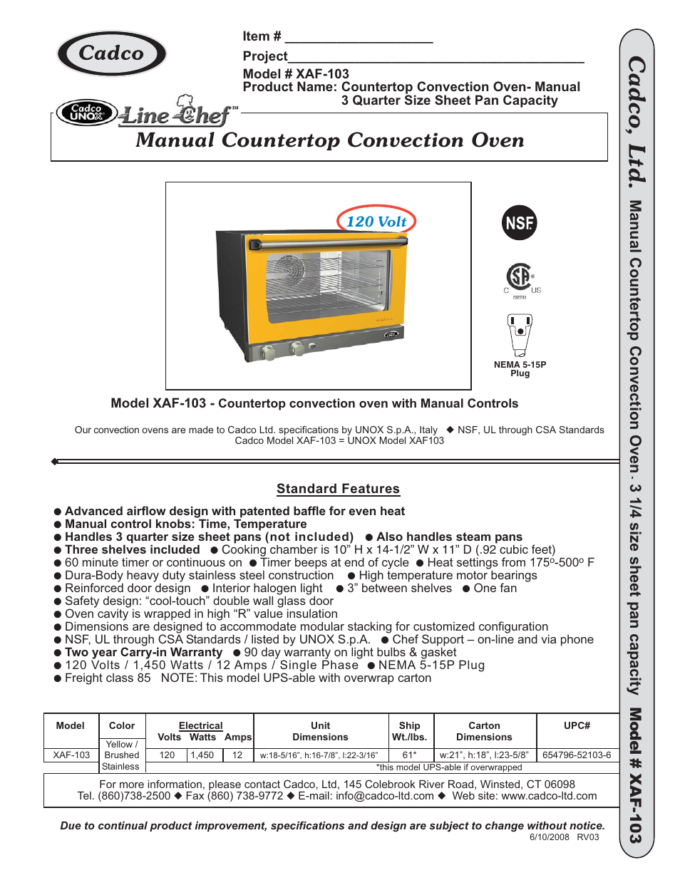 Cadco XAF-103 User Manual | 1 page