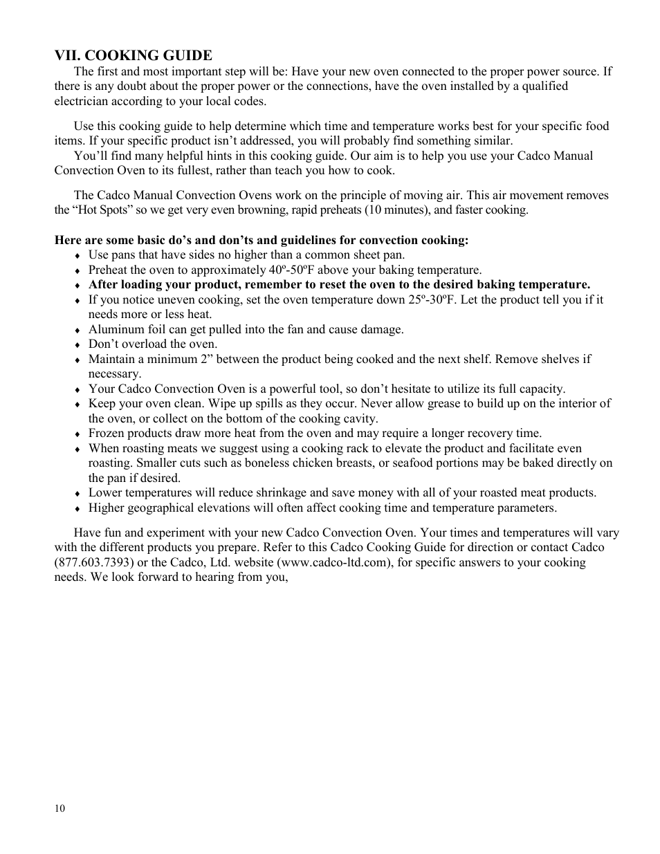 Vii. cooking guide | Cadco OV-013 User Manual | Page 10 / 14