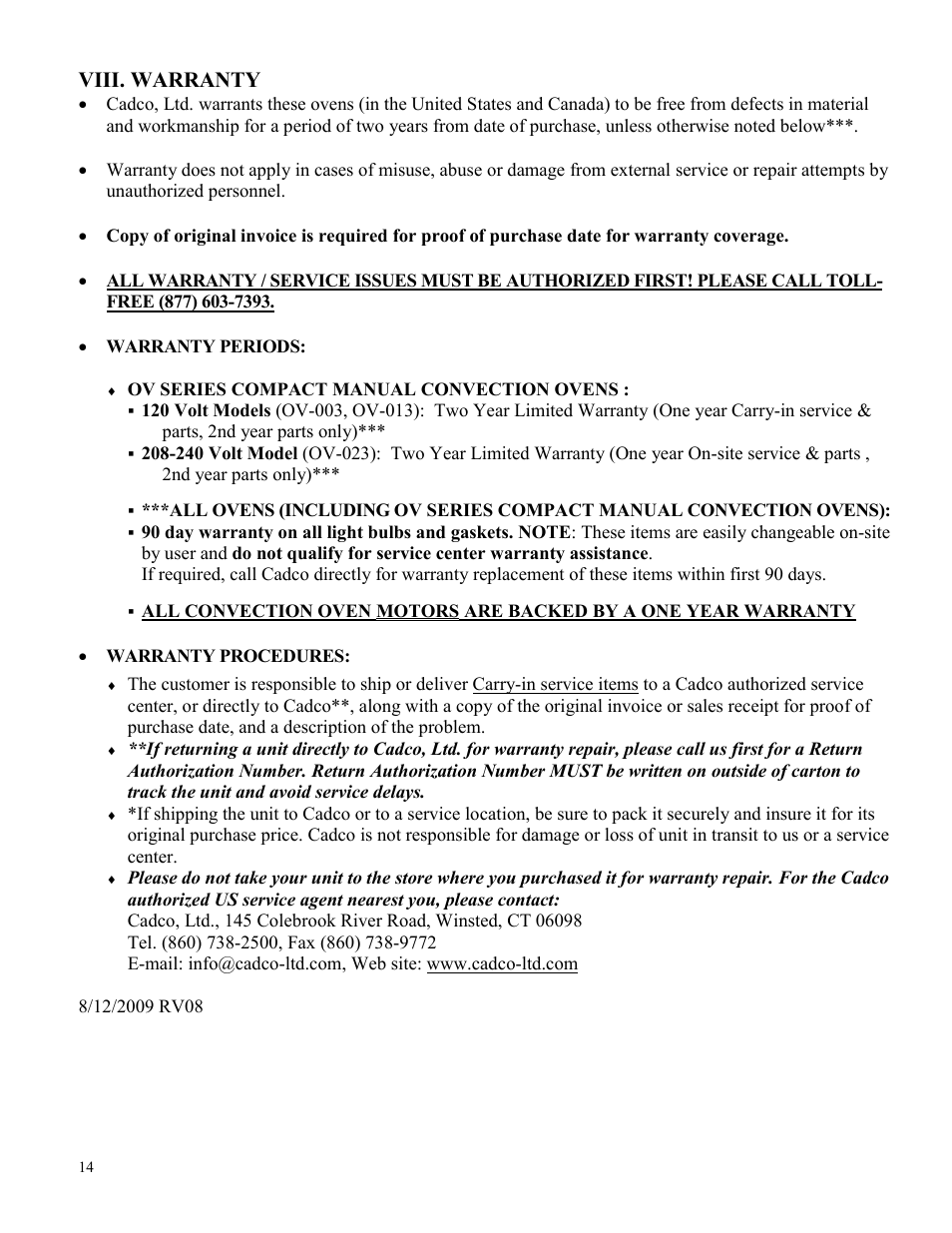 Viii. warranty | Cadco OV-013 User Manual | Page 14 / 14