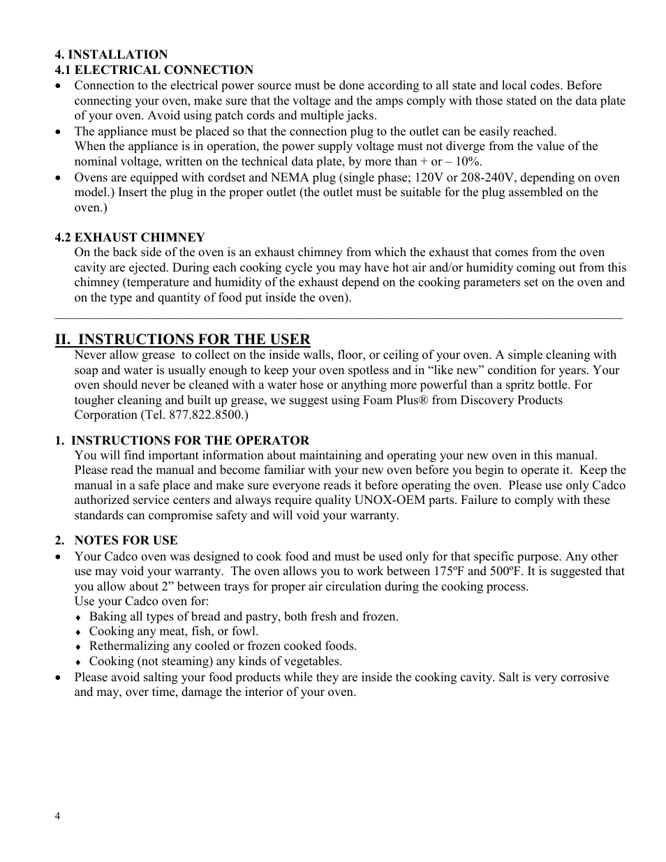 Ii. instructions for the user | Cadco OV-013 User Manual | Page 4 / 14