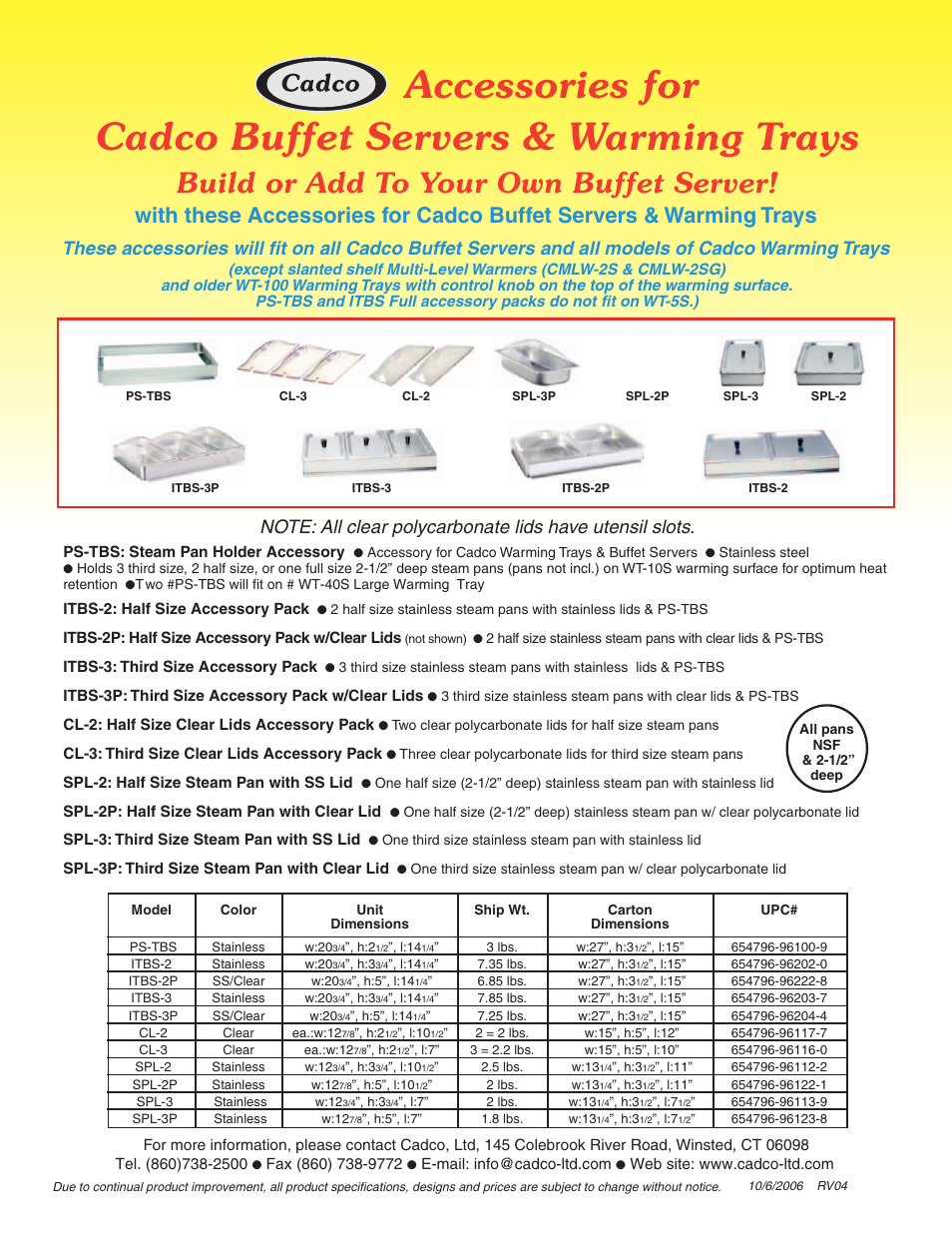 Accessories for, Cadco buffet servers & warming trays, Build or add to your own buffet server | Cadco WTBS-3P User Manual | Page 2 / 2