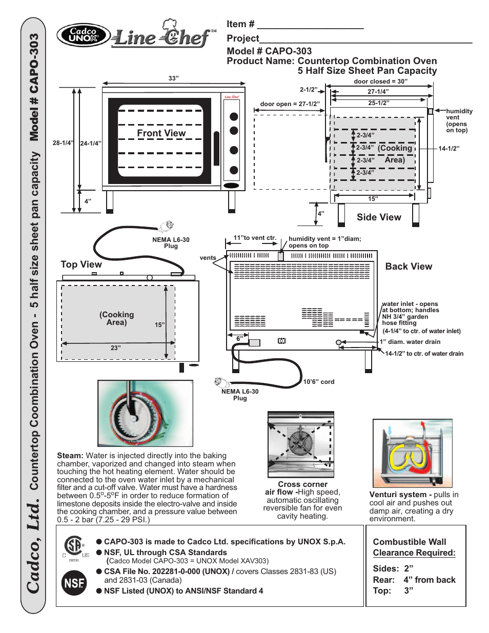 Cadco, ltd, Top view, Front view | Side view, Back view | Cadco Line Chef CAPO-303 User Manual | Page 2 / 2