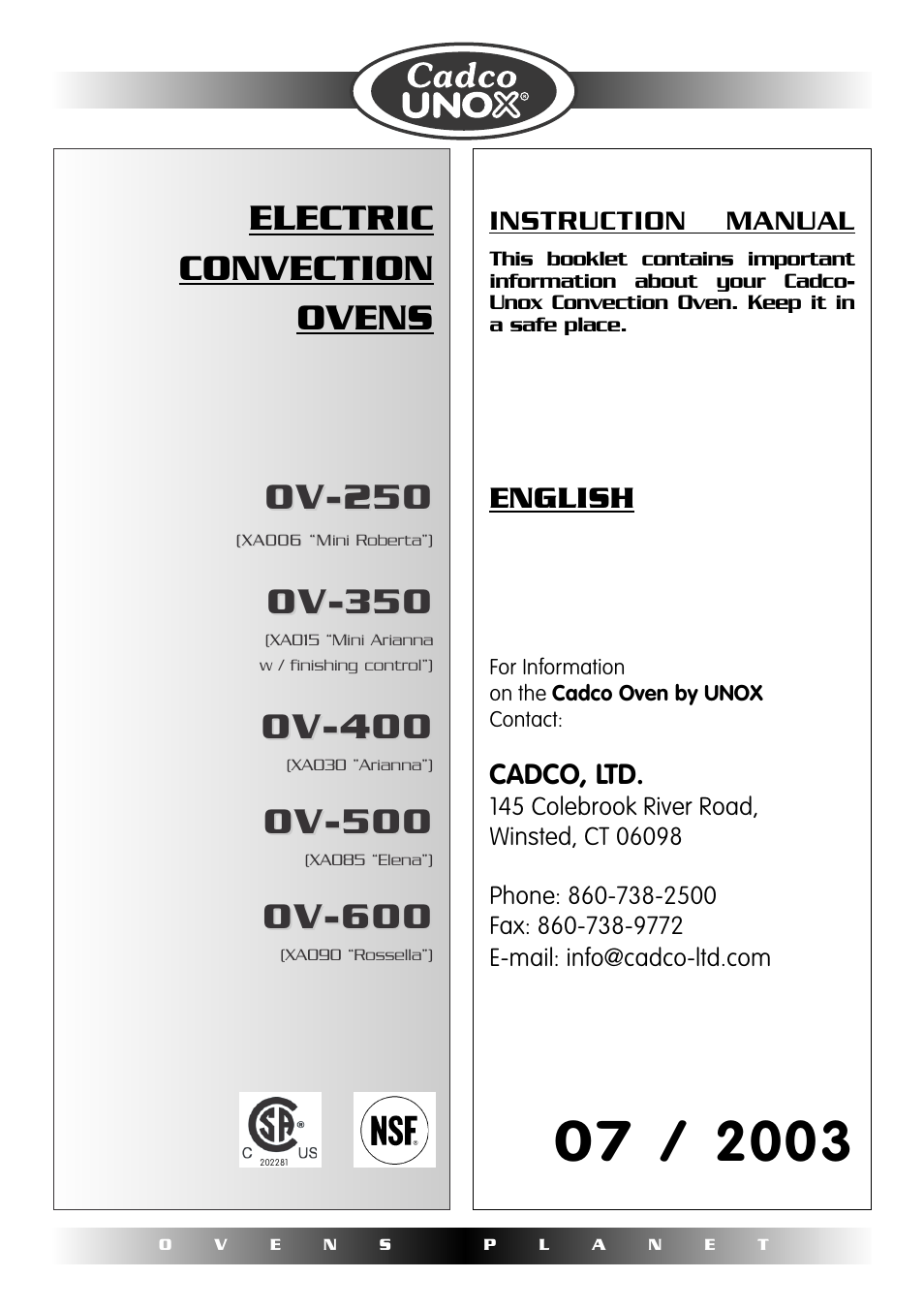 Cadco OV-250 User Manual | 16 pages