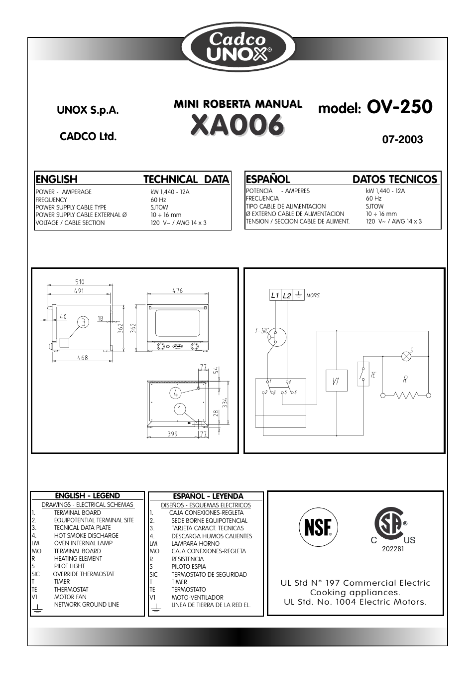 Xa006, Ov-250, Model | English technical data, Español datos tecnicos, Mini rober, Unox s.p.a. cadco ltd | Cadco OV-250 User Manual | Page 12 / 16