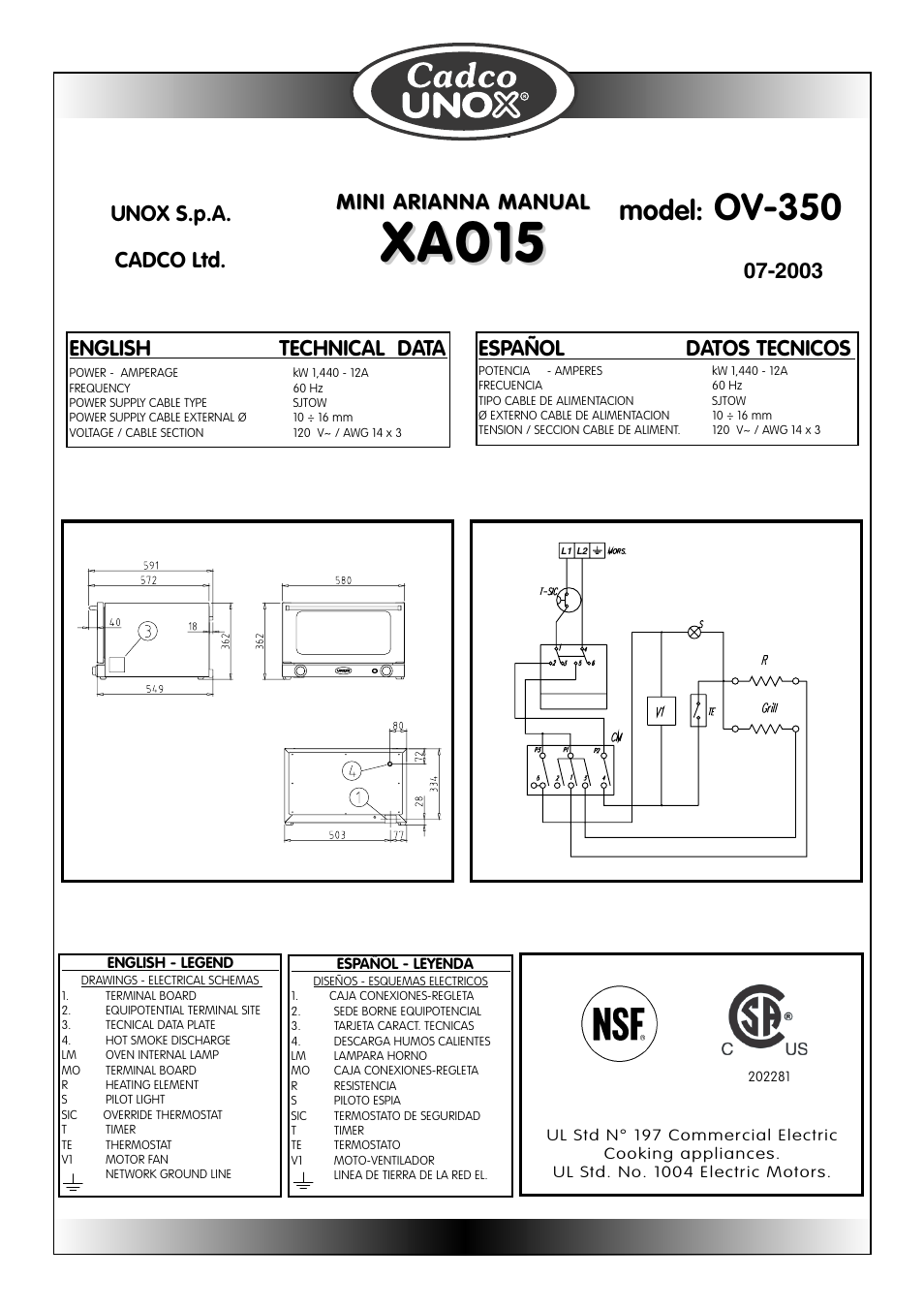 Xa015, Ov-350, Model | English technical data, Español datos tecnicos, Mini arianna manual, 2003 unox s.p.a. cadco ltd | Cadco OV-250 User Manual | Page 13 / 16