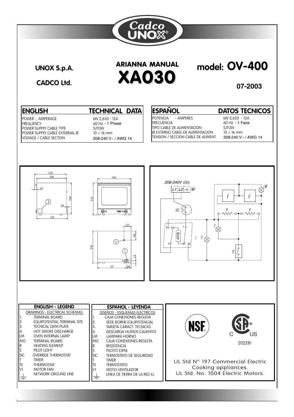 Xa030, Ov-400, Model | English technical data, Español datos tecnicos, Arianna manual, 2003 unox s.p.a. cadco ltd | Cadco OV-250 User Manual | Page 14 / 16