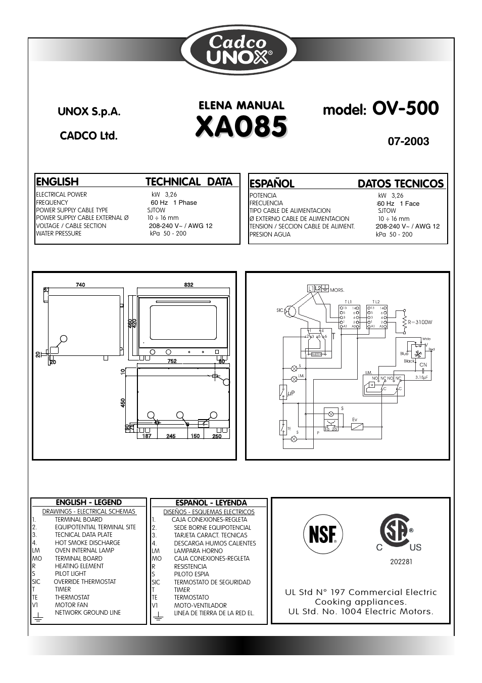 Xa085, Ov-500, Model | English technical data, Español datos tecnicos, Elena manual, 2003 unox s.p.a. cadco ltd | Cadco OV-250 User Manual | Page 15 / 16