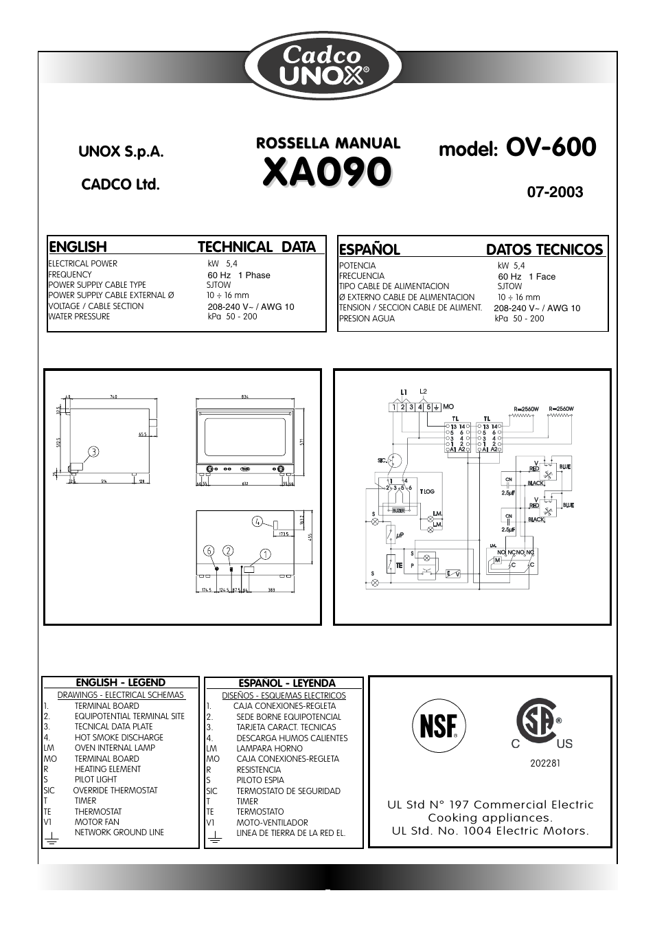 Xa090, Ov-600, Model | English technical data, Español datos tecnicos, Rossella manual, 2003 unox s.p.a. cadco ltd | Cadco OV-250 User Manual | Page 16 / 16