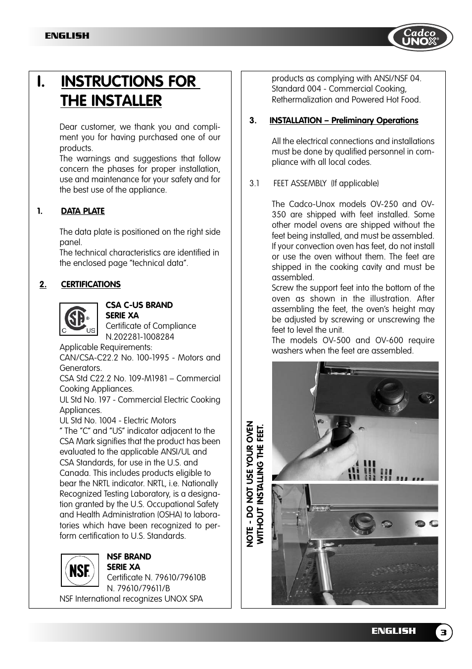 I. instructions for the installer | Cadco OV-250 User Manual | Page 3 / 16
