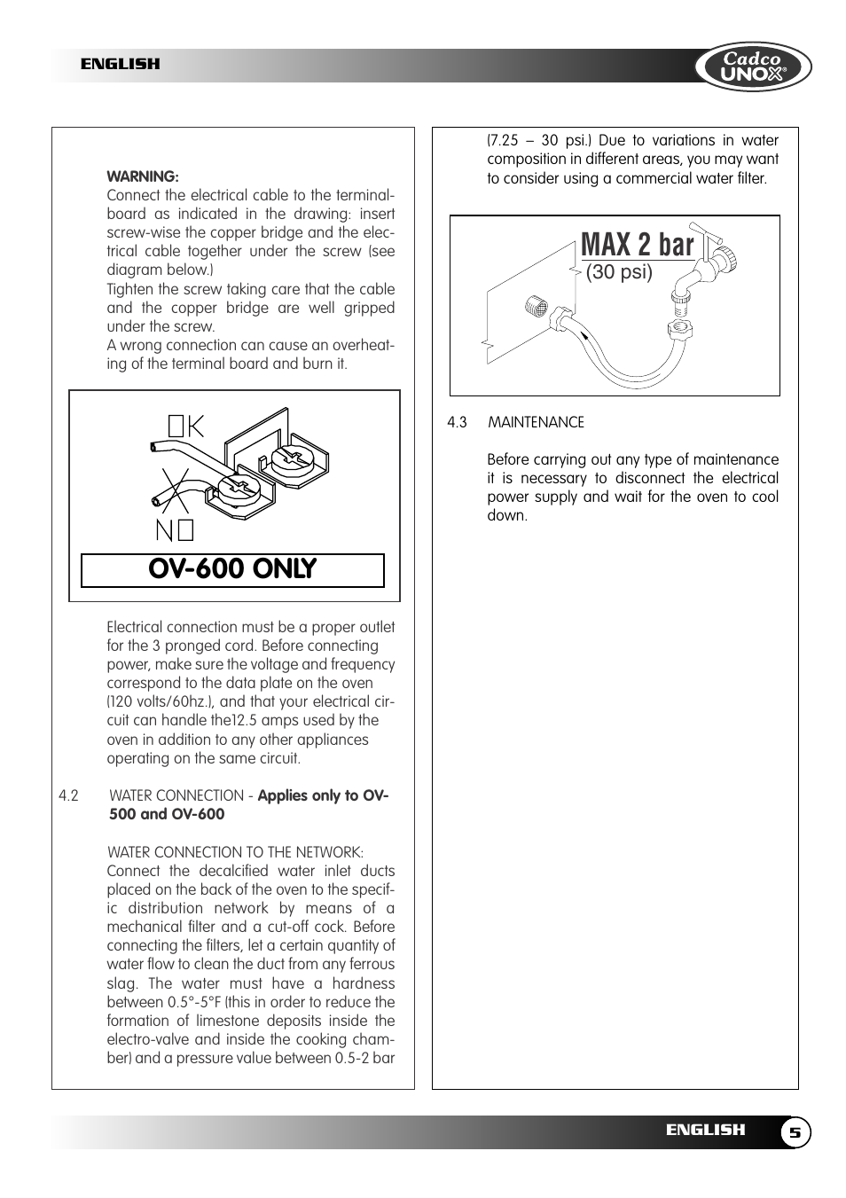 Max 2 bar, Ov-600 only | Cadco OV-250 User Manual | Page 5 / 16