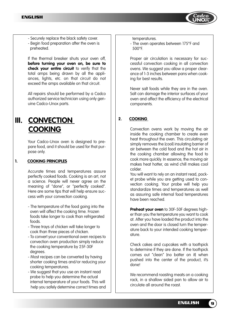 Iii. convection cooking | Cadco OV-250 User Manual | Page 9 / 16