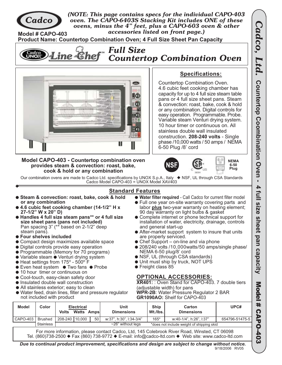 Cadco, ltd, Full size countertop combination oven | Cadco CAPO-6403S User Manual | Page 2 / 5