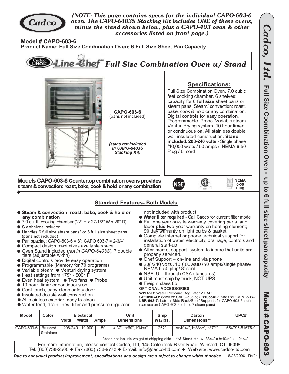 Cadco, ltd, Full size combination oven w/ stand, Model # capo-603 | Cadco CAPO-6403S User Manual | Page 4 / 5