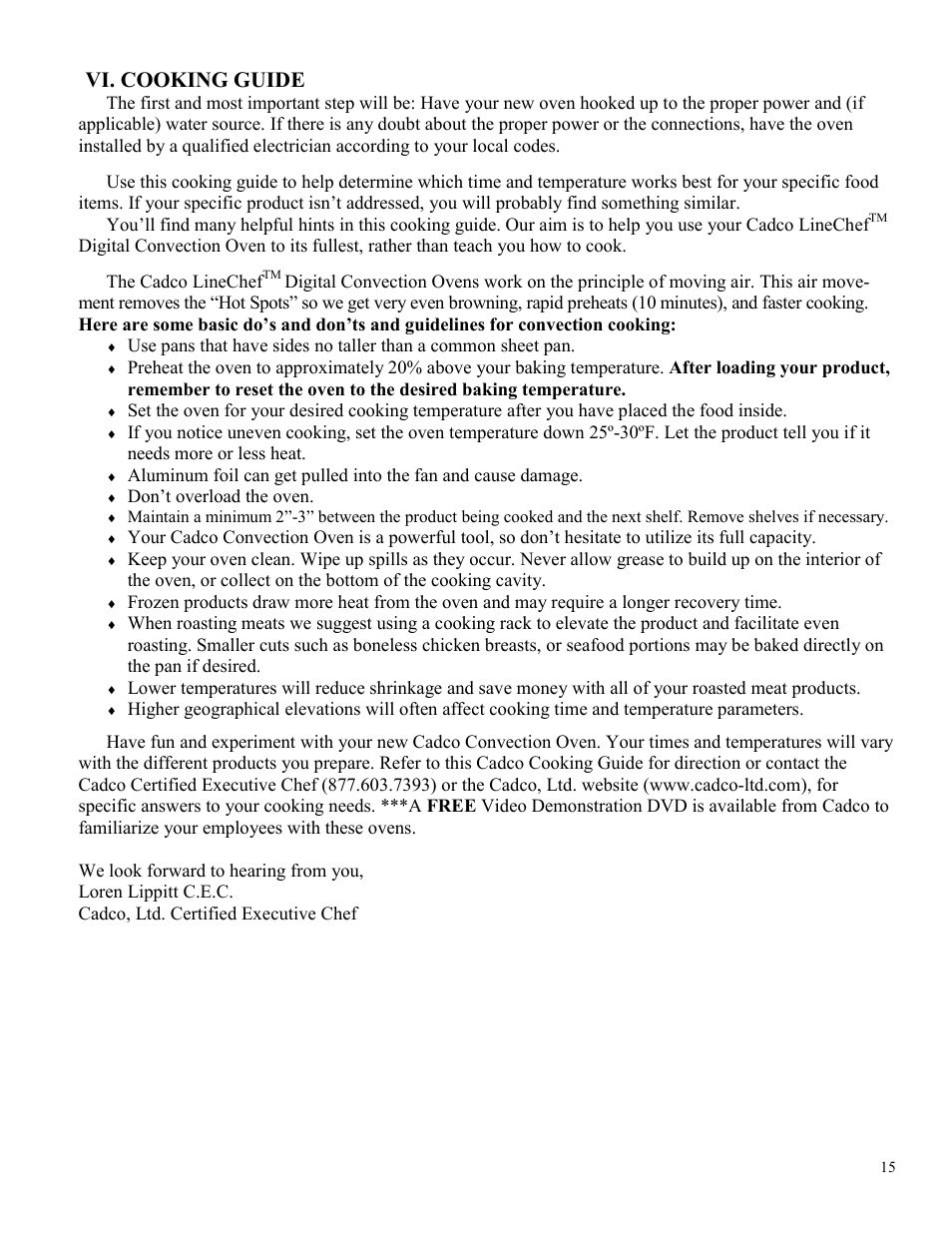Vi. cooking guide | Cadco XAF-188 User Manual | Page 15 / 20