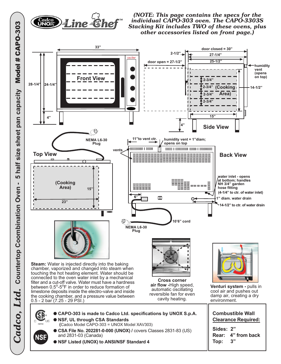 Cadco, ltd, Top view, Front view | Side view, Back view | Cadco CAPO-3303S User Manual | Page 3 / 3