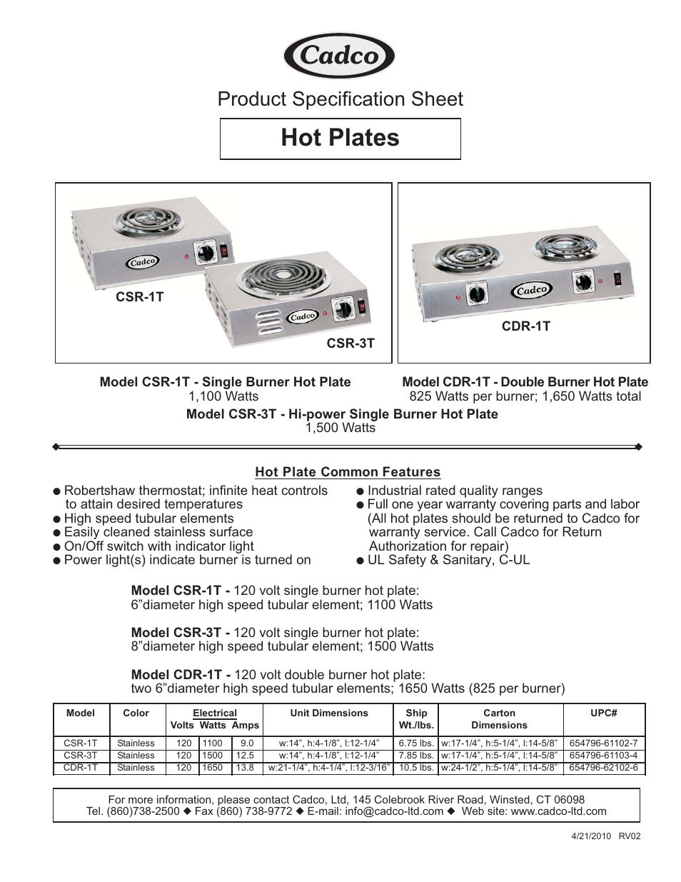 Cadco HOT PLATES CSR-3T User Manual | 1 page