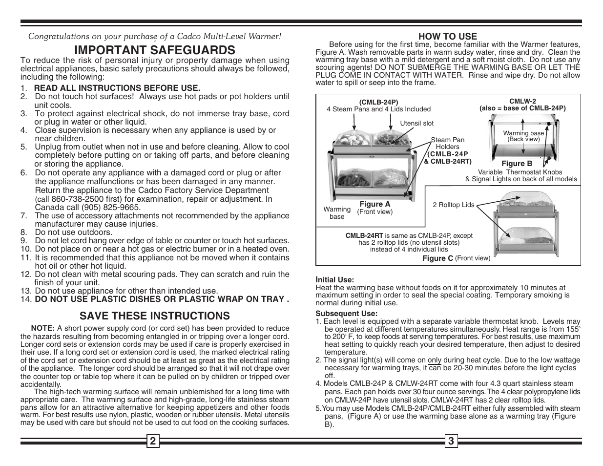 Important safeguards, Save these instructions | Cadco CMLB-24P User Manual | Page 2 / 2