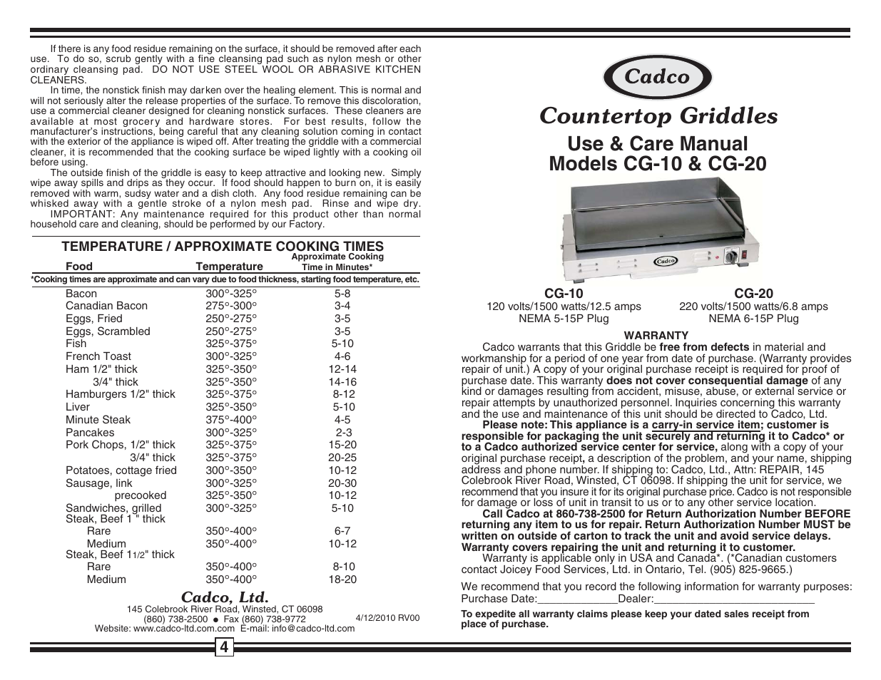Cadco CG-10 User Manual | 2 pages