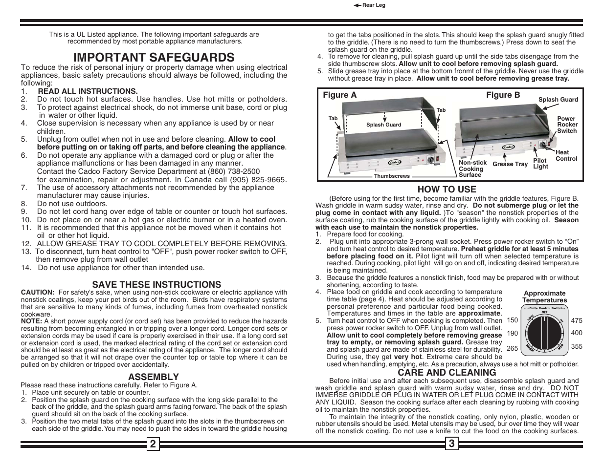 Important safeguards | Cadco CG-10 User Manual | Page 2 / 2