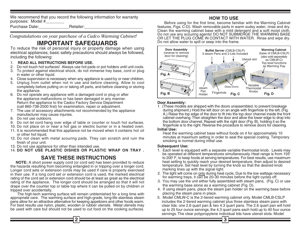 Important safeguards, Save these instructions | Cadco CMLB-C2RT User Manual | Page 2 / 2