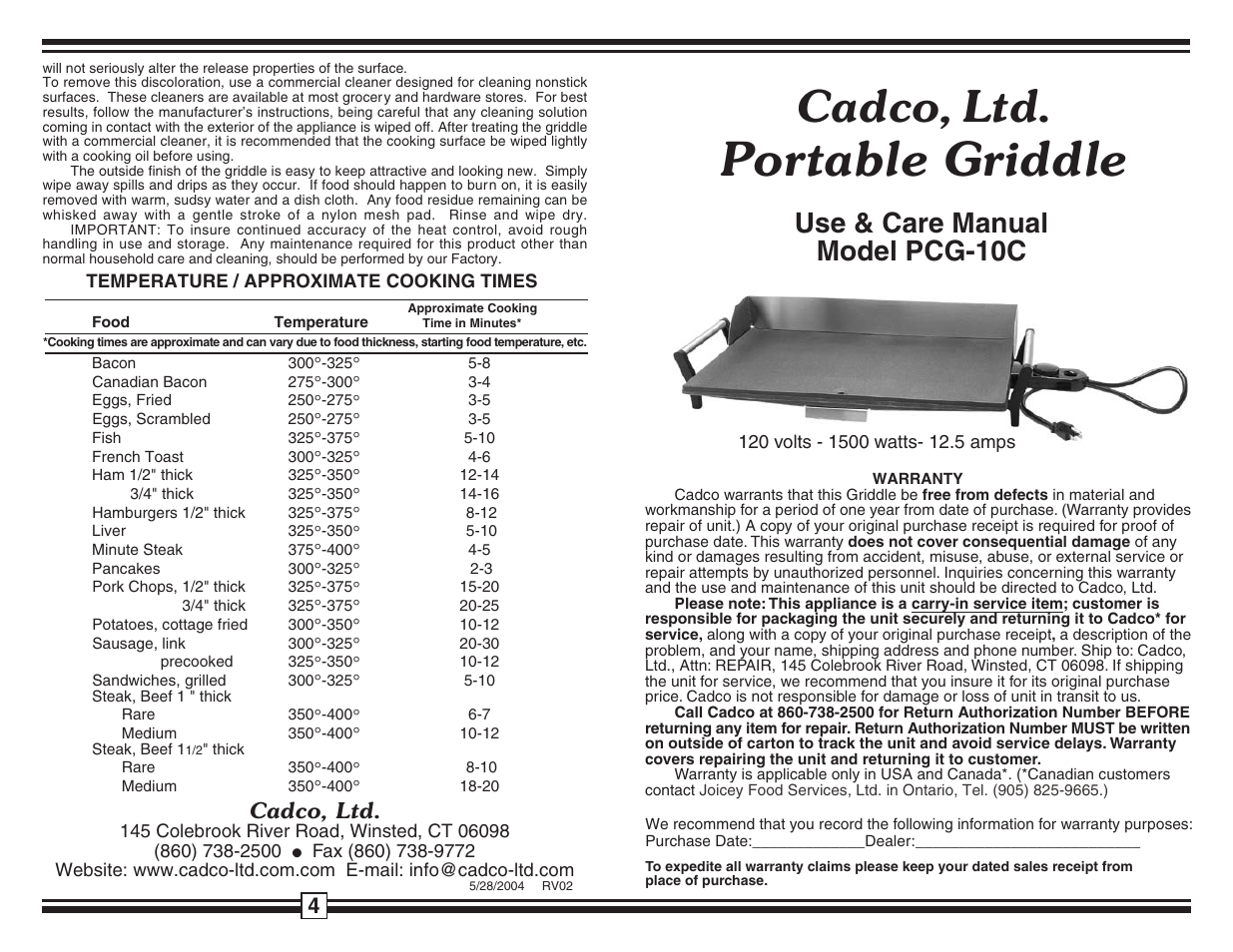 Cadco PCG-10C User Manual | 2 pages