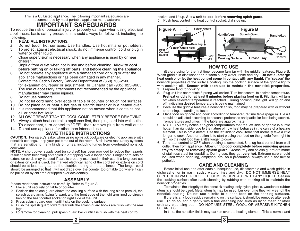 Important safeguards | Cadco PCG-10C User Manual | Page 2 / 2