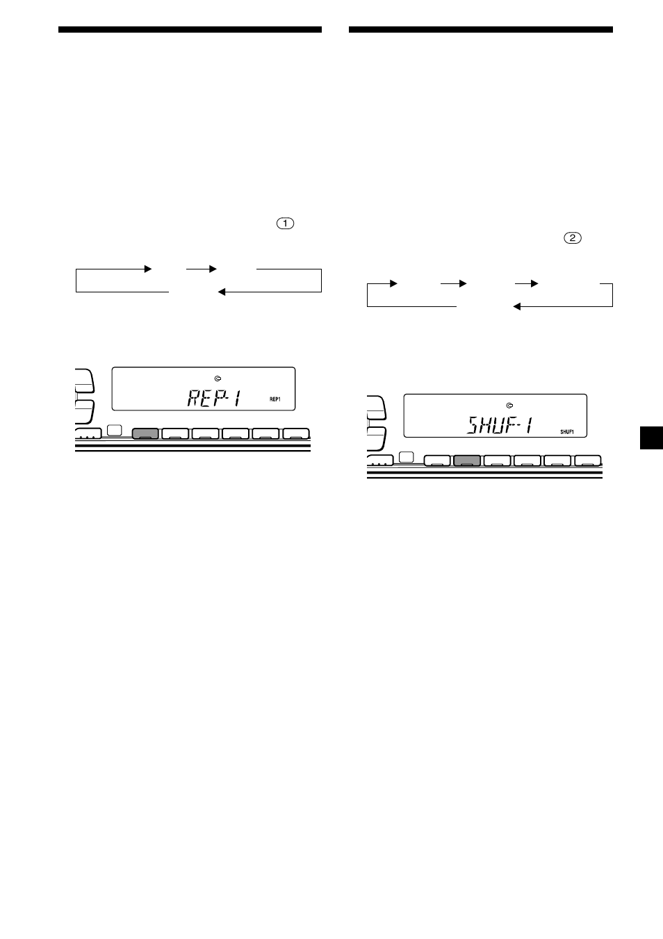 Spela upp spår flera gånger, Spela upp spår i slumpmässig ordning, Upprepad uppspelning | Slumpmässig uppspelning | Sony CDX-C5000R User Manual | Page 71 / 150