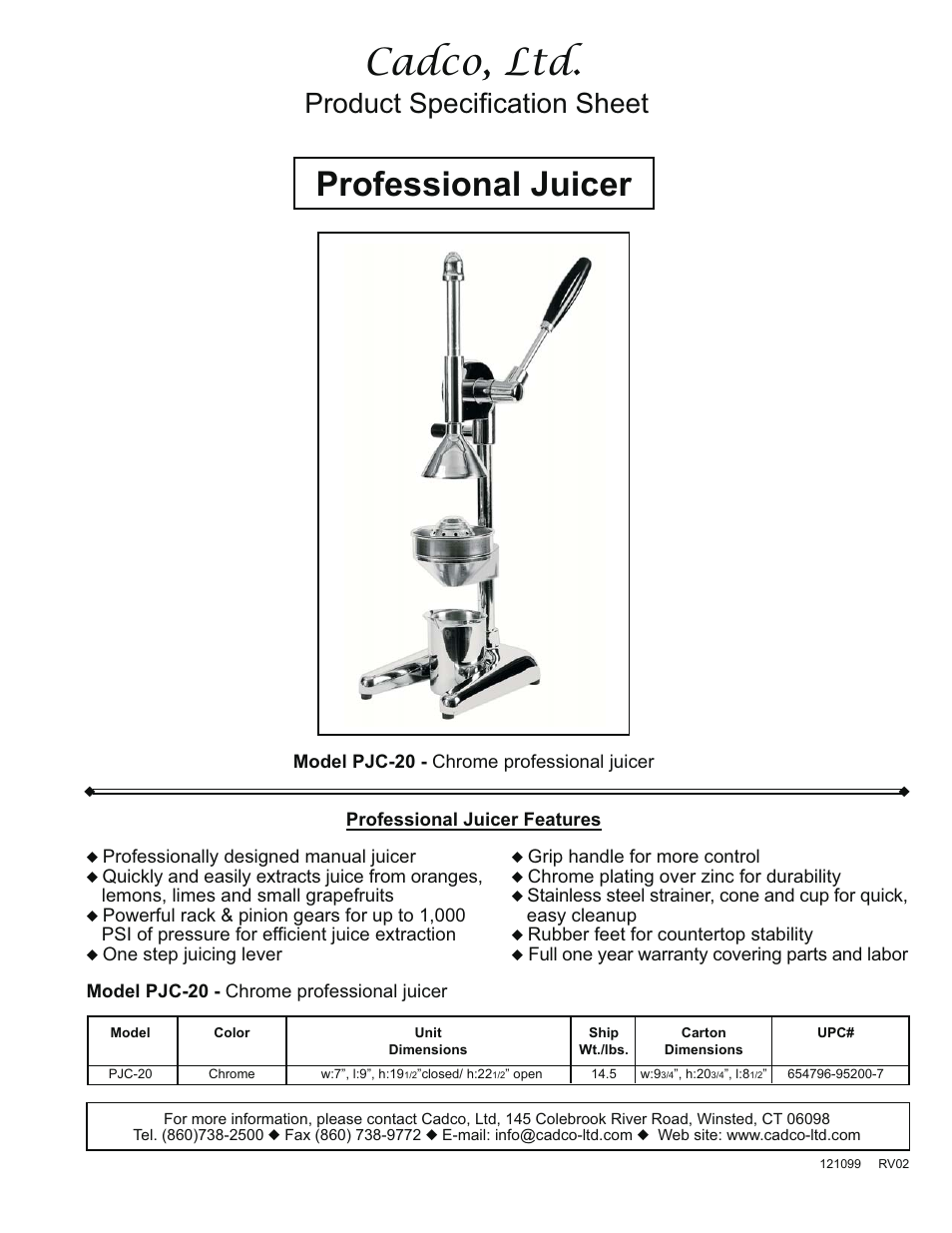 Cadco PJC-20 User Manual | 1 page